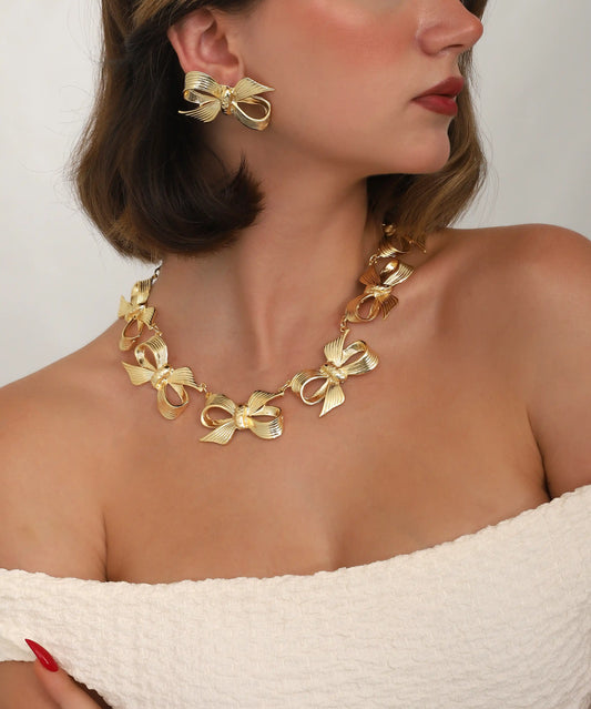 Gold Bow Necklace & Earring Set Deluxe
