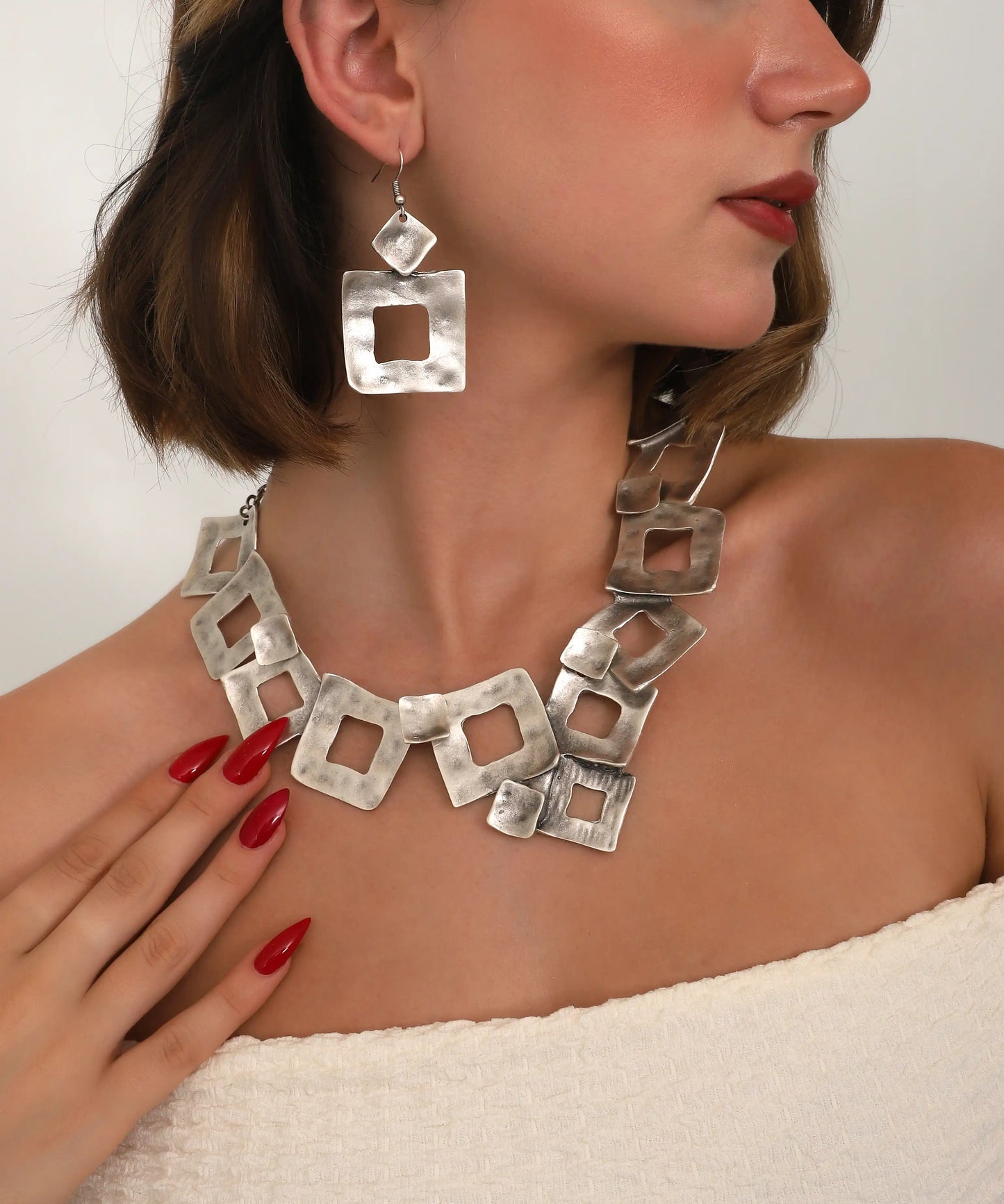 Silver Geometric Square Necklace & Earring Set