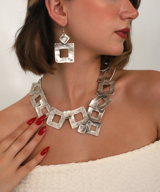 Silver Geometric Square Necklace & Earring Set