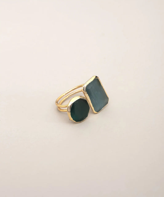 Dual Green Stone Geometric Statement Ring