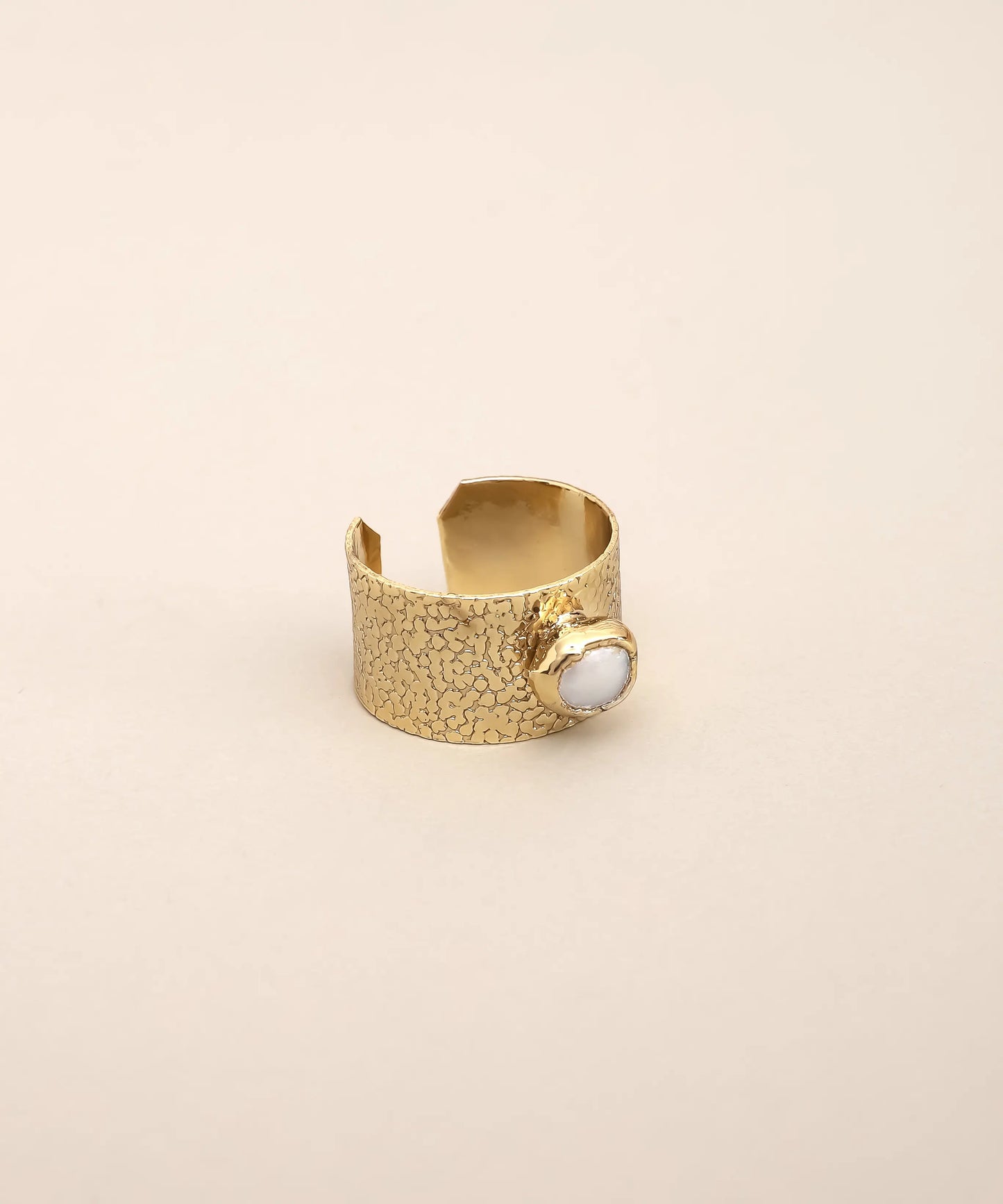 Textured Wide Cuff Pearl Accent Ring