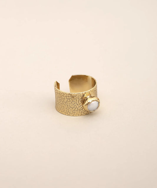 Textured Wide Cuff Pearl Accent Ring