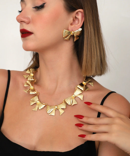 Gold Bow Necklace & Earring Set Premium