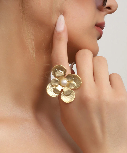 Gold Flower Pearl Statement Ring