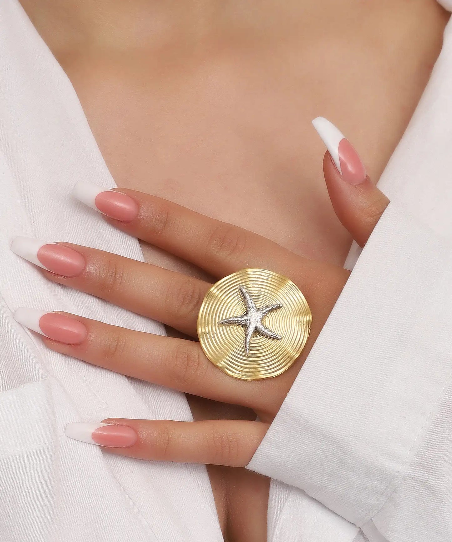 Gold Starfish Textured Disc Statement Ring