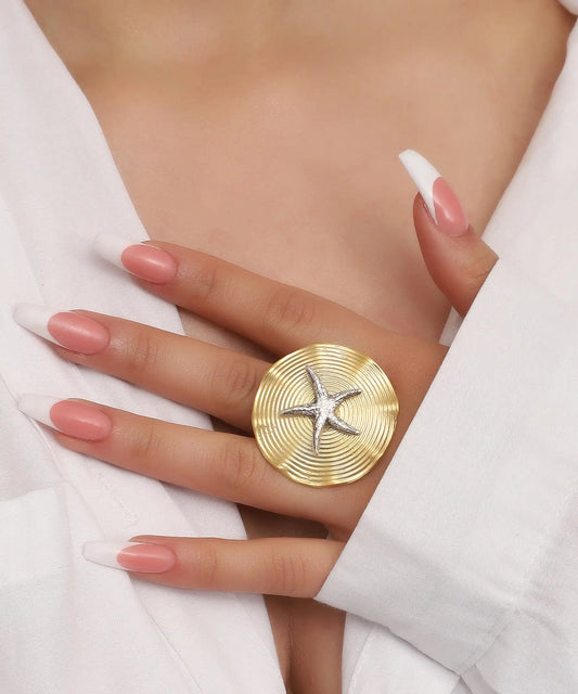 Gold Starfish Textured Disc Statement Ring
