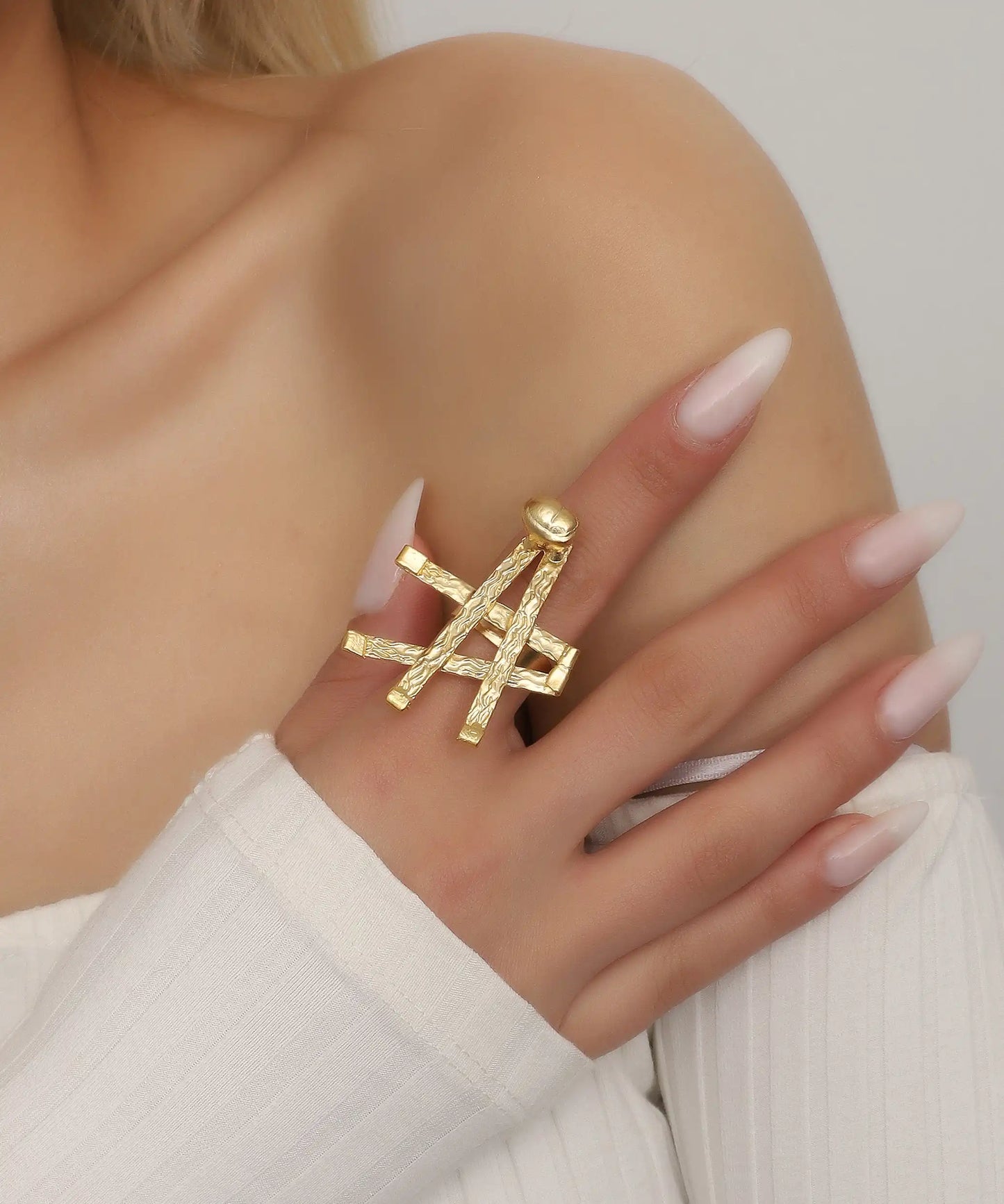 Gold Geometric Bar Structure Statement Ring