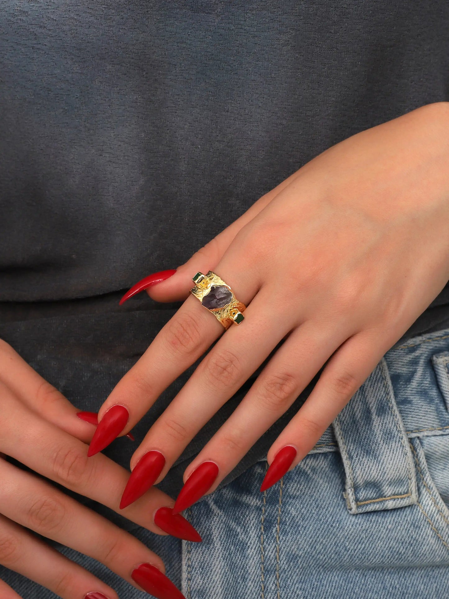 Gold Multistone Textured Band Ring (Lifestyle)