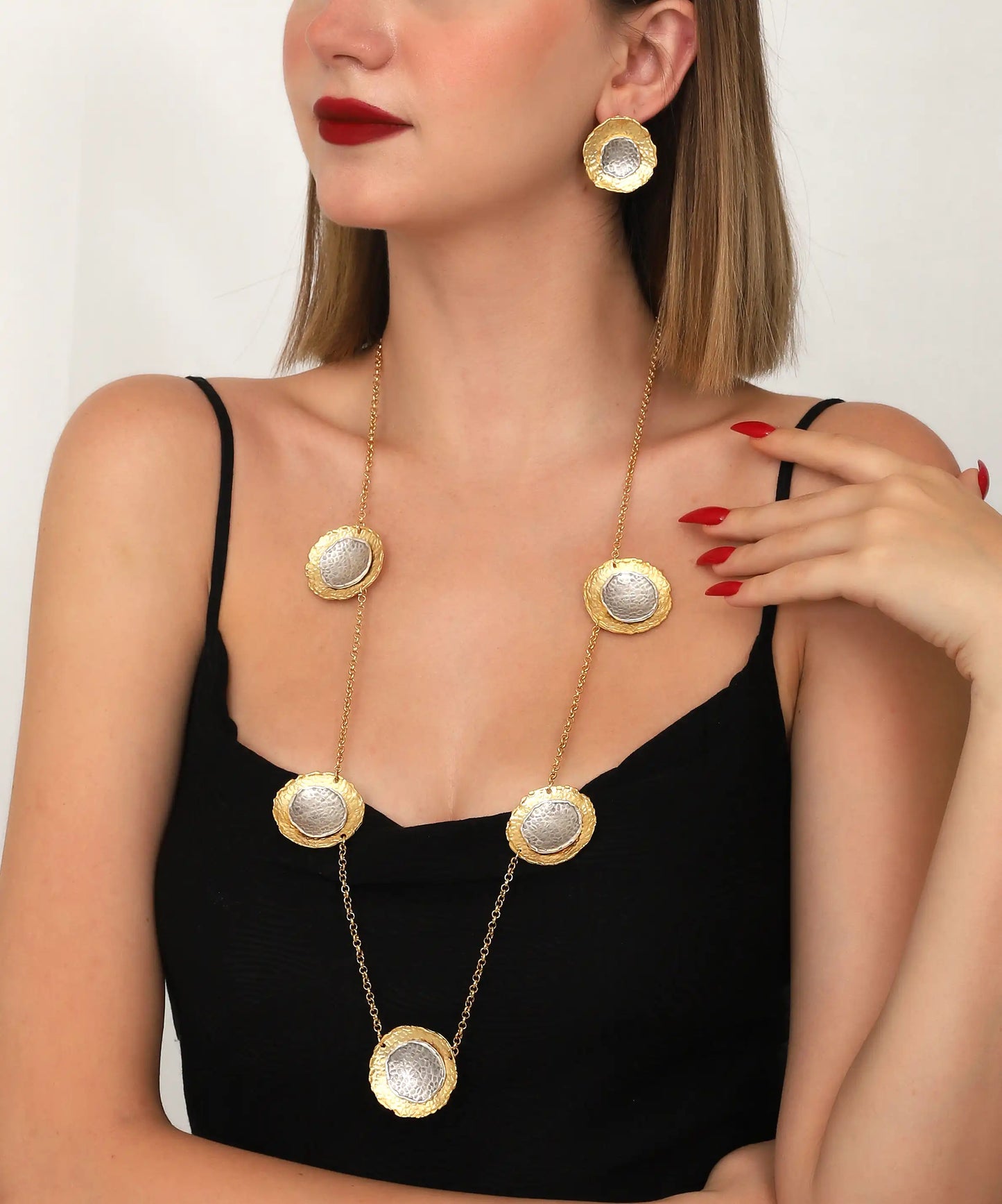 Two-Tone Disc Long Necklace & Earring Set
