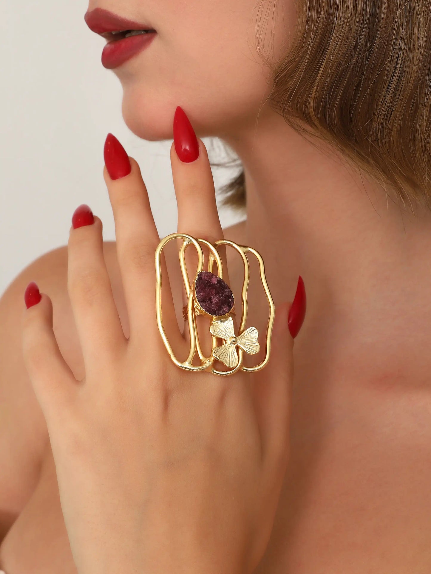 Gold Geometric Amethyst Statement Ring (Lifestyle)
