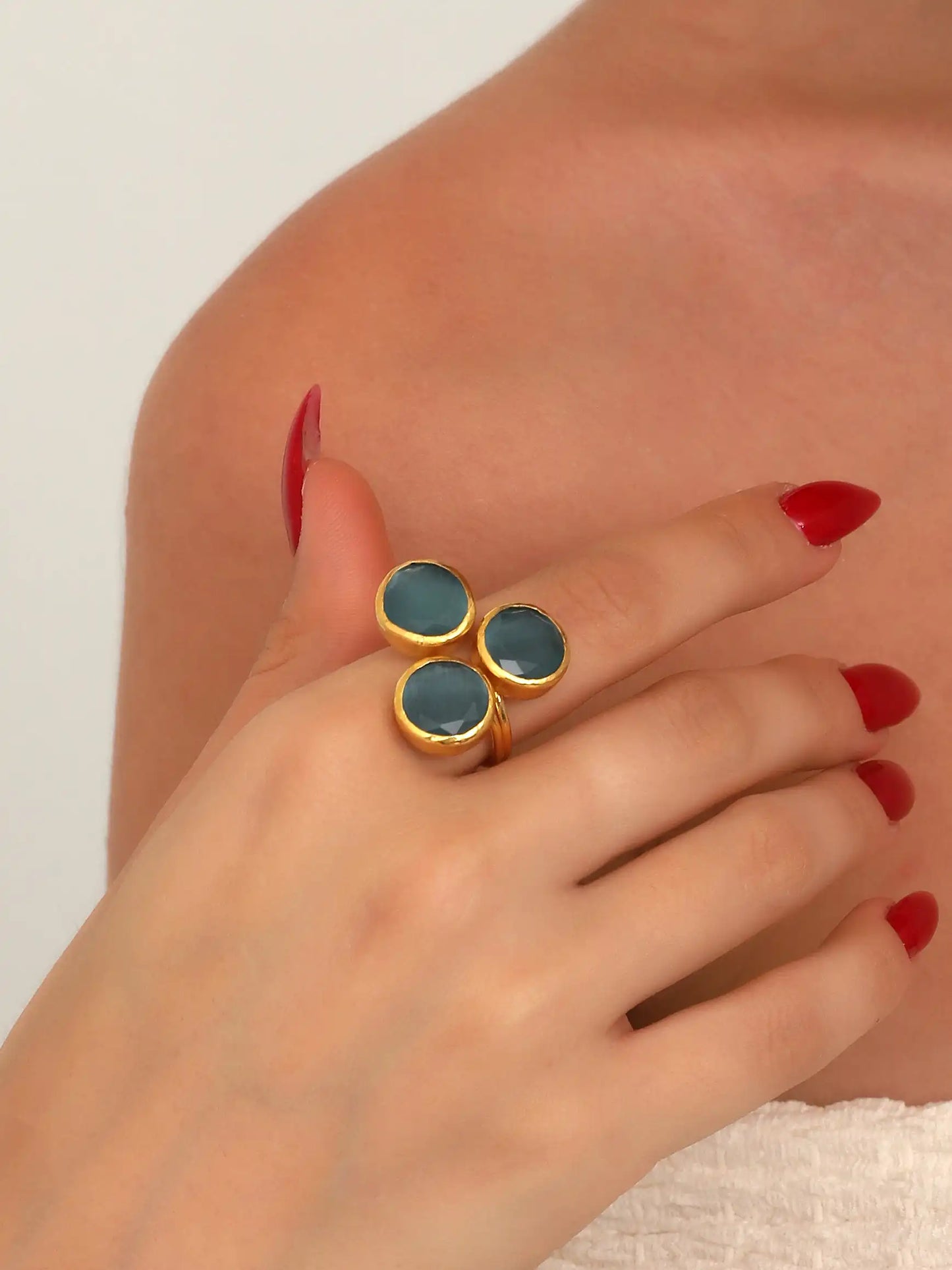 Gold Triple Stone Blue Statement Ring (Lifestyle)