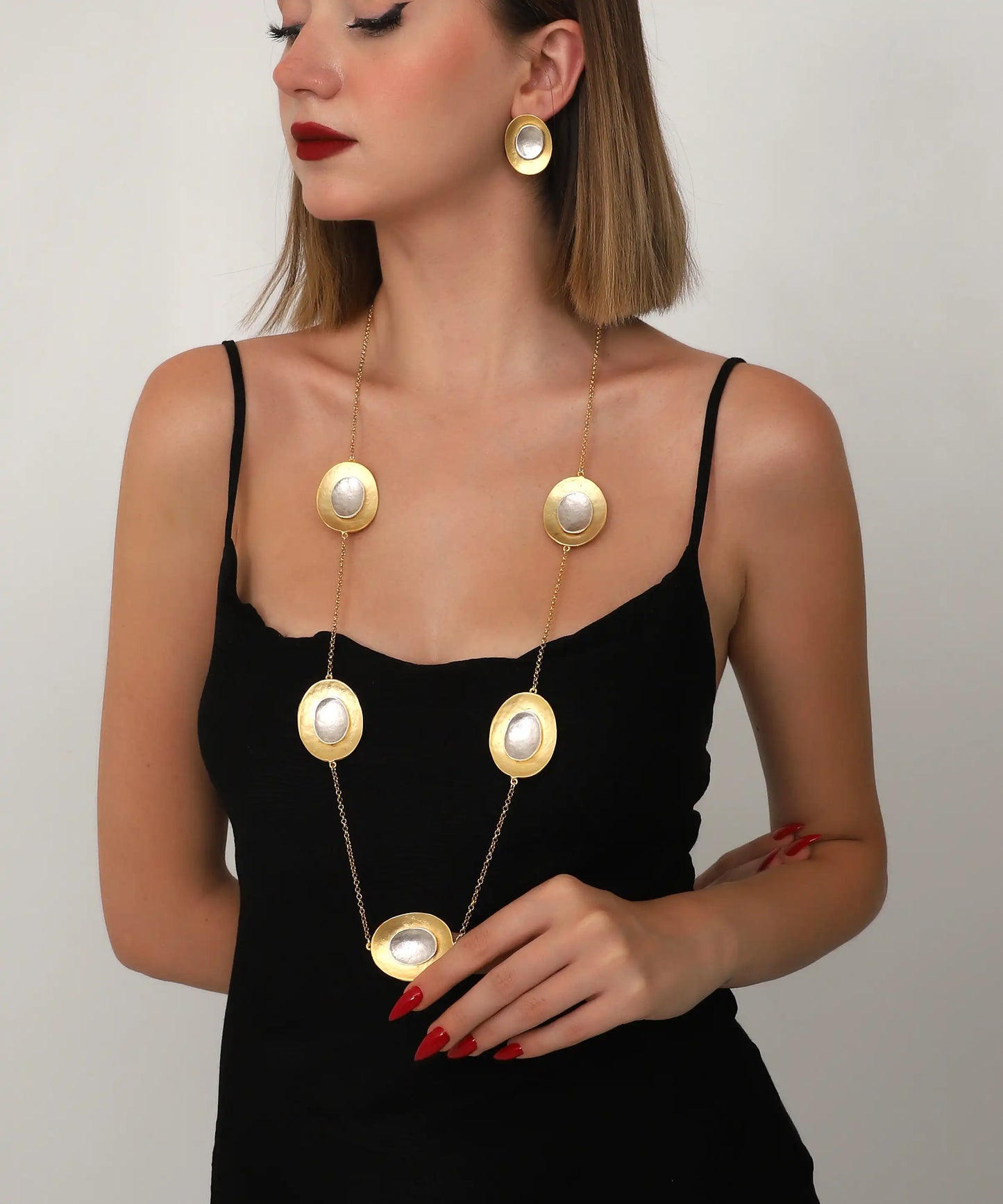 Gold Oval Stone Long Necklace & Earring Set