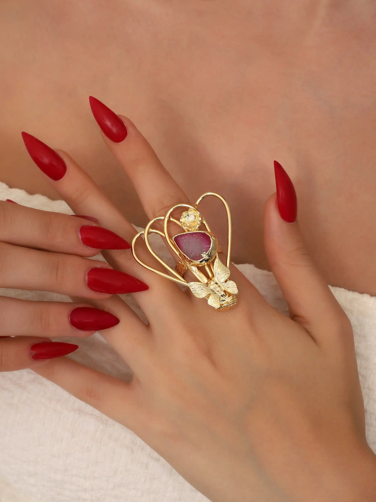 Butterfly Crystal Cage Gold Statement Ring