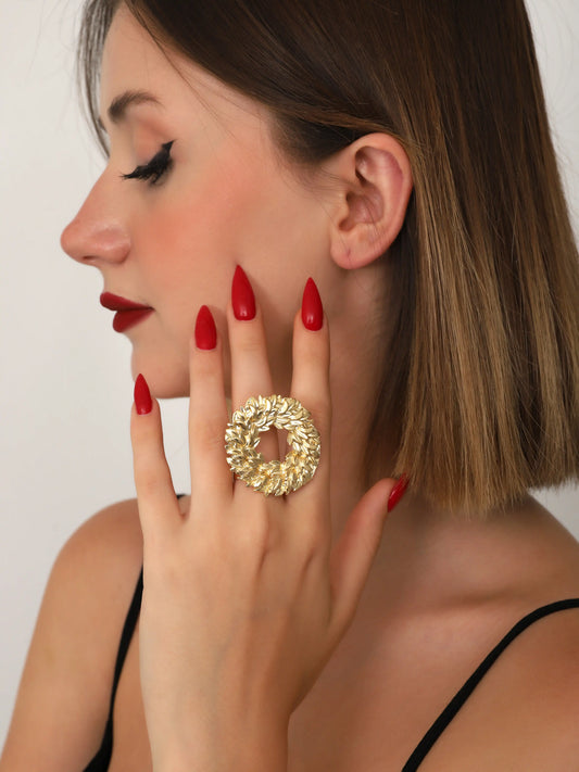 Gold Leaf Wreath Statement Ring