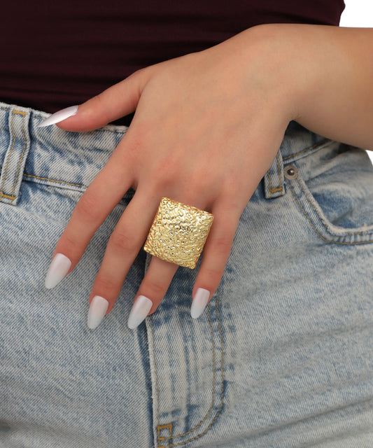 Hammered Texture Square Gold Statement Ring