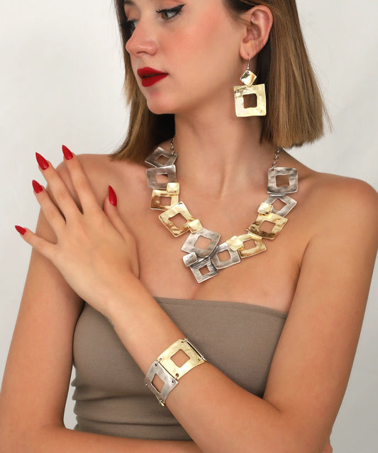 Two-Tone Geometric Square Necklace Bracelet Set