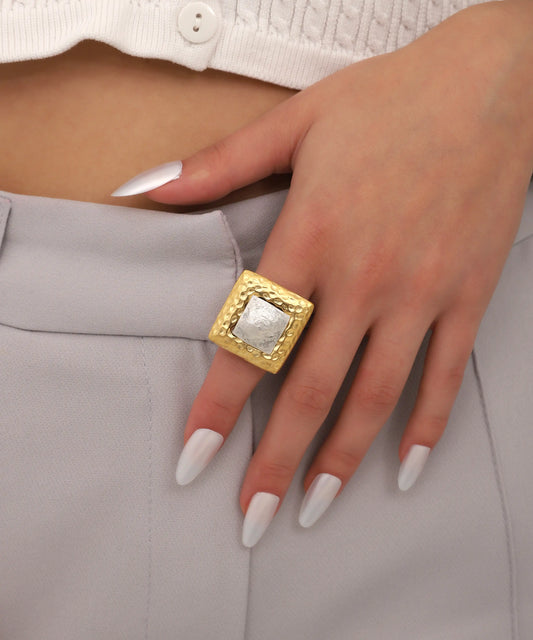 Gold Hammered Square Dual Tone Statement Ring