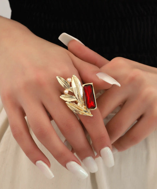 Red Stone Leaf Pearl Statement Ring