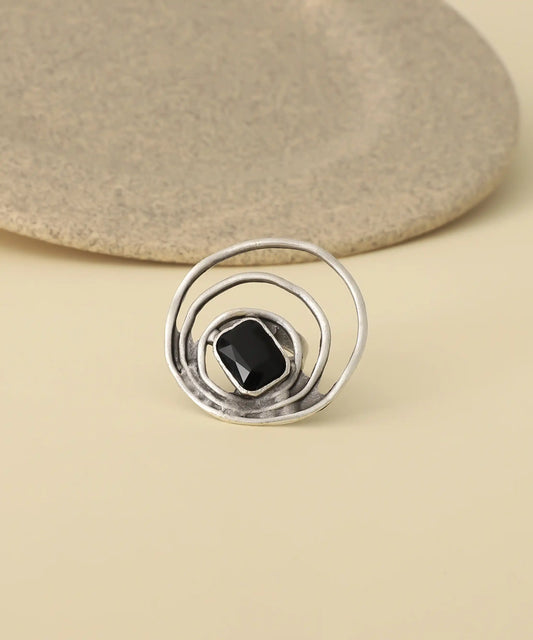 Spiral Black Stone Textured Ring