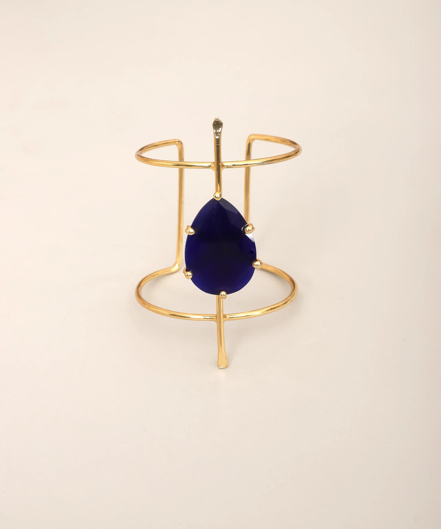 Gold Open Cuff Bracelet with Blue Teardrop Stone