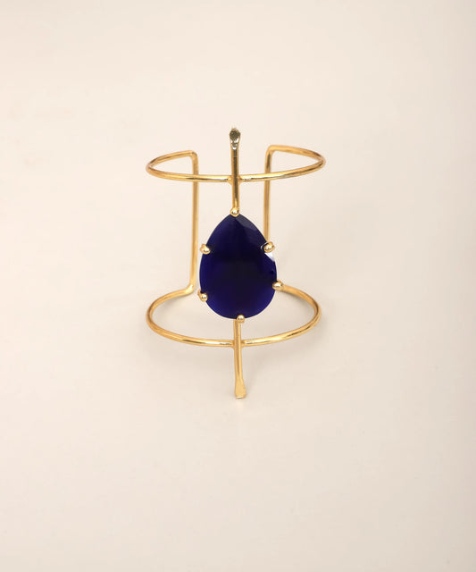 Gold Open Cuff Bracelet with Blue Teardrop Stone