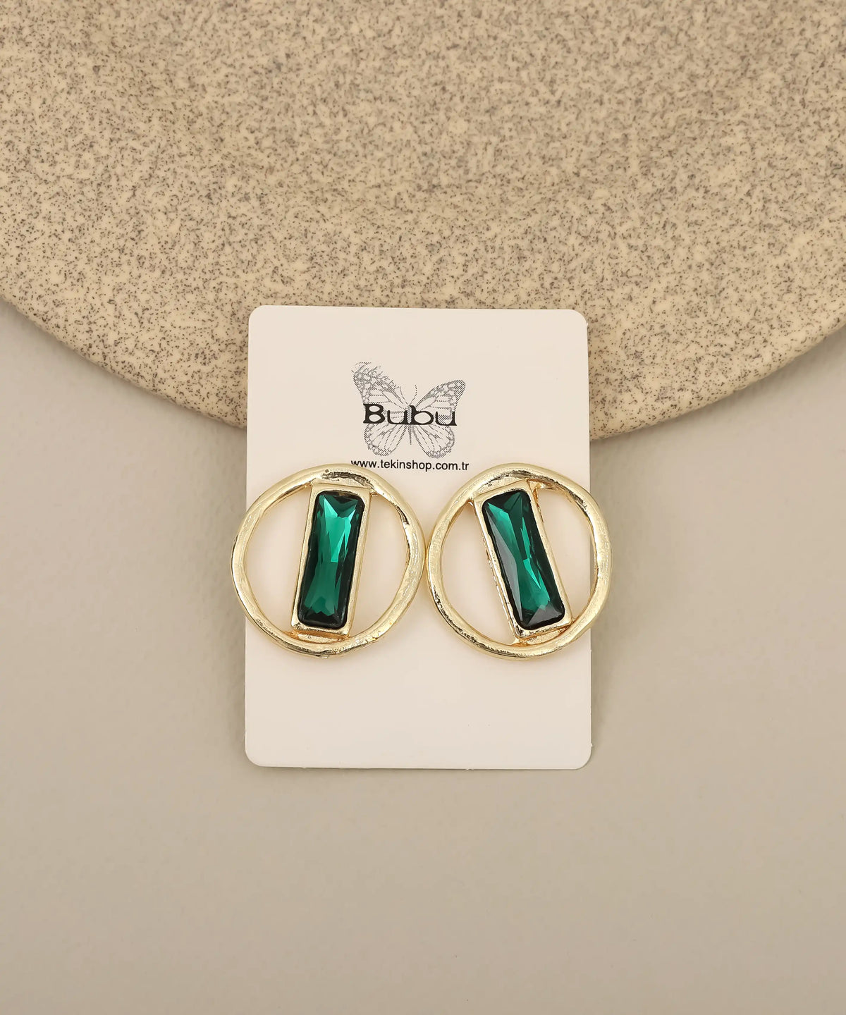 Gold Circle Emerald Bar Earrings