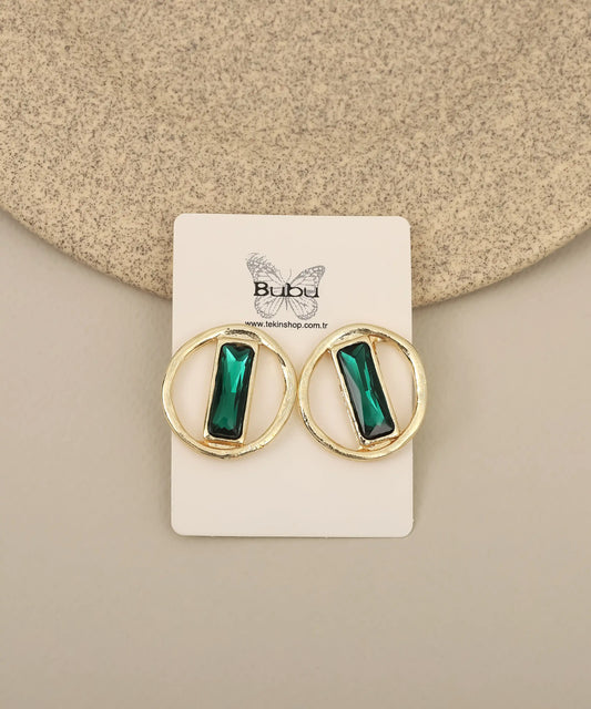 Gold Circle Emerald Bar Earrings