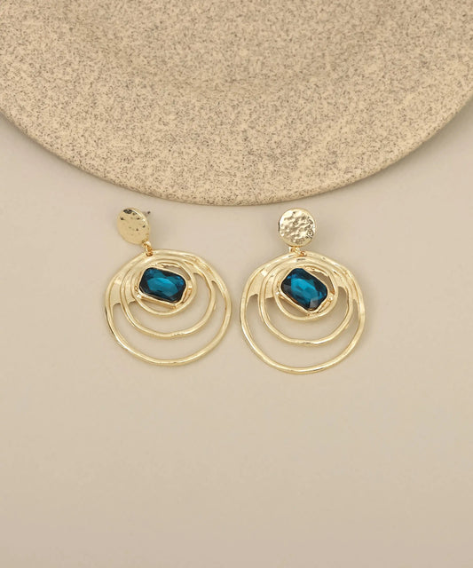 Gold Spiral Blue Stone Drop Earrings