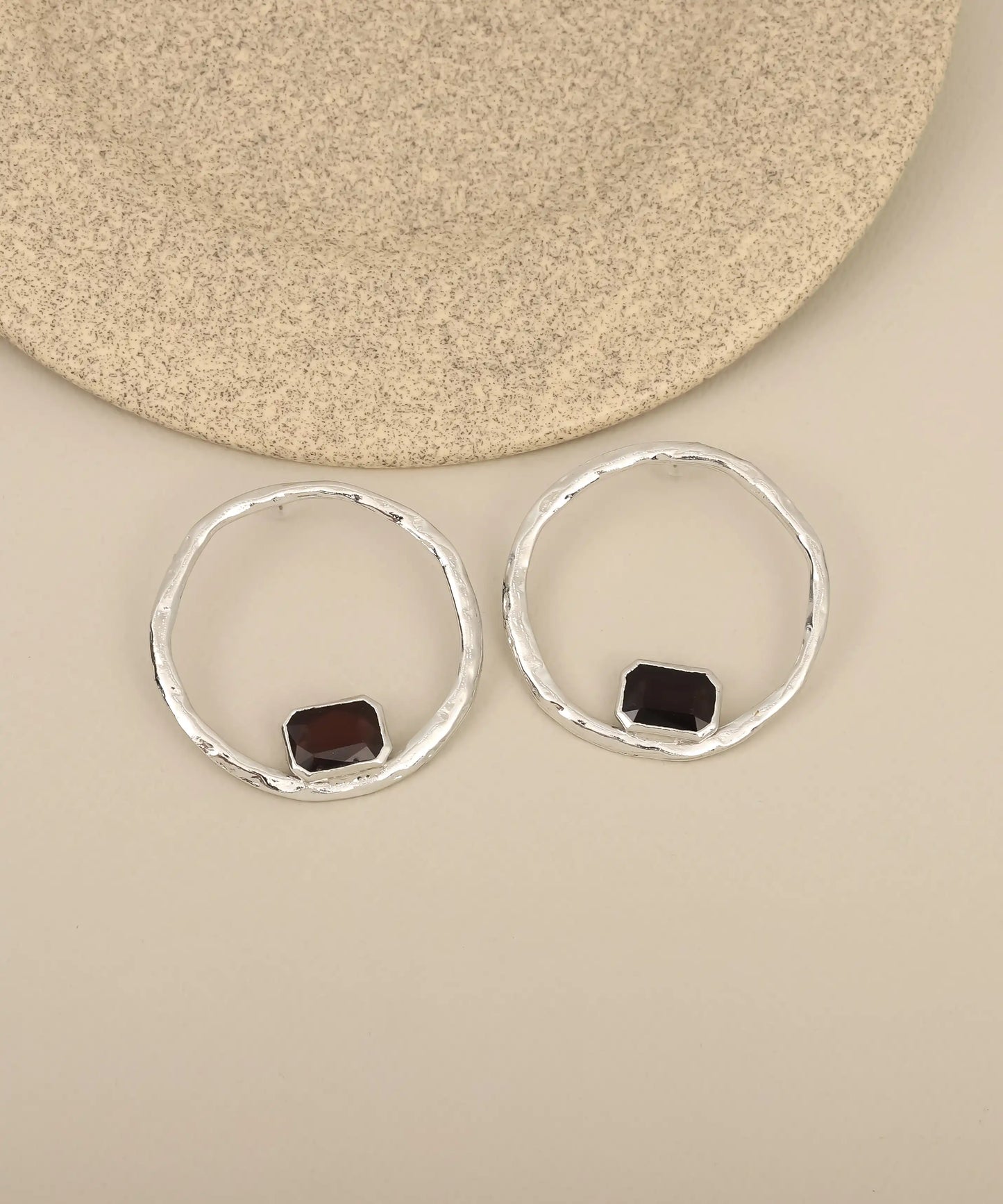 Silver Hammered Hoop Burgundy Stone Earrings