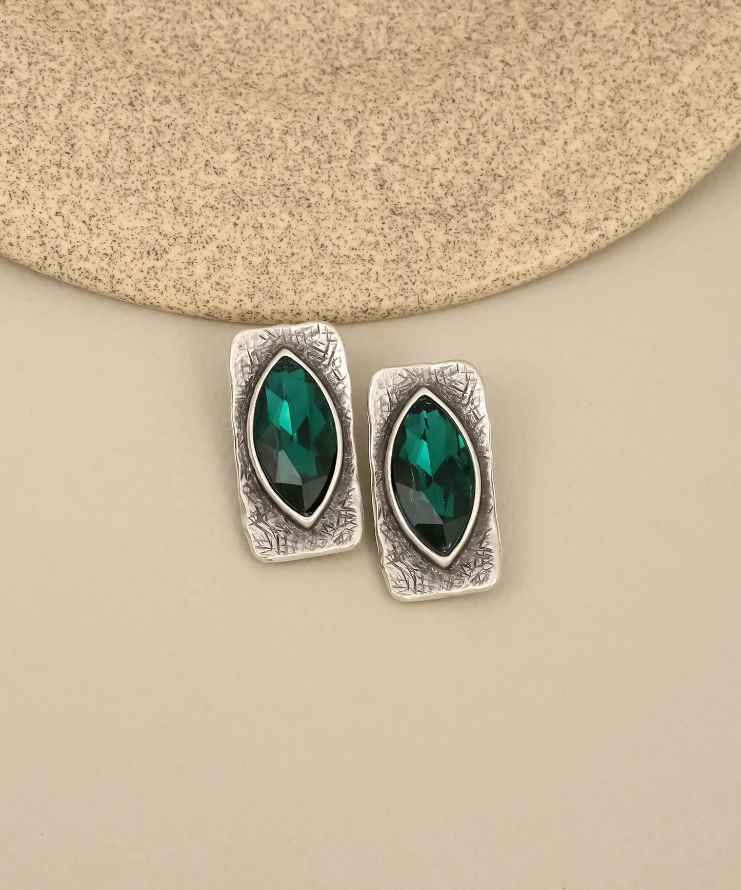Silver Textured Emerald Marquis Stone Earrings