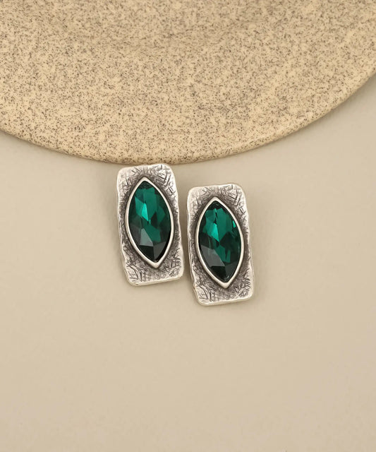 Silver Textured Emerald Marquis Stone Earrings