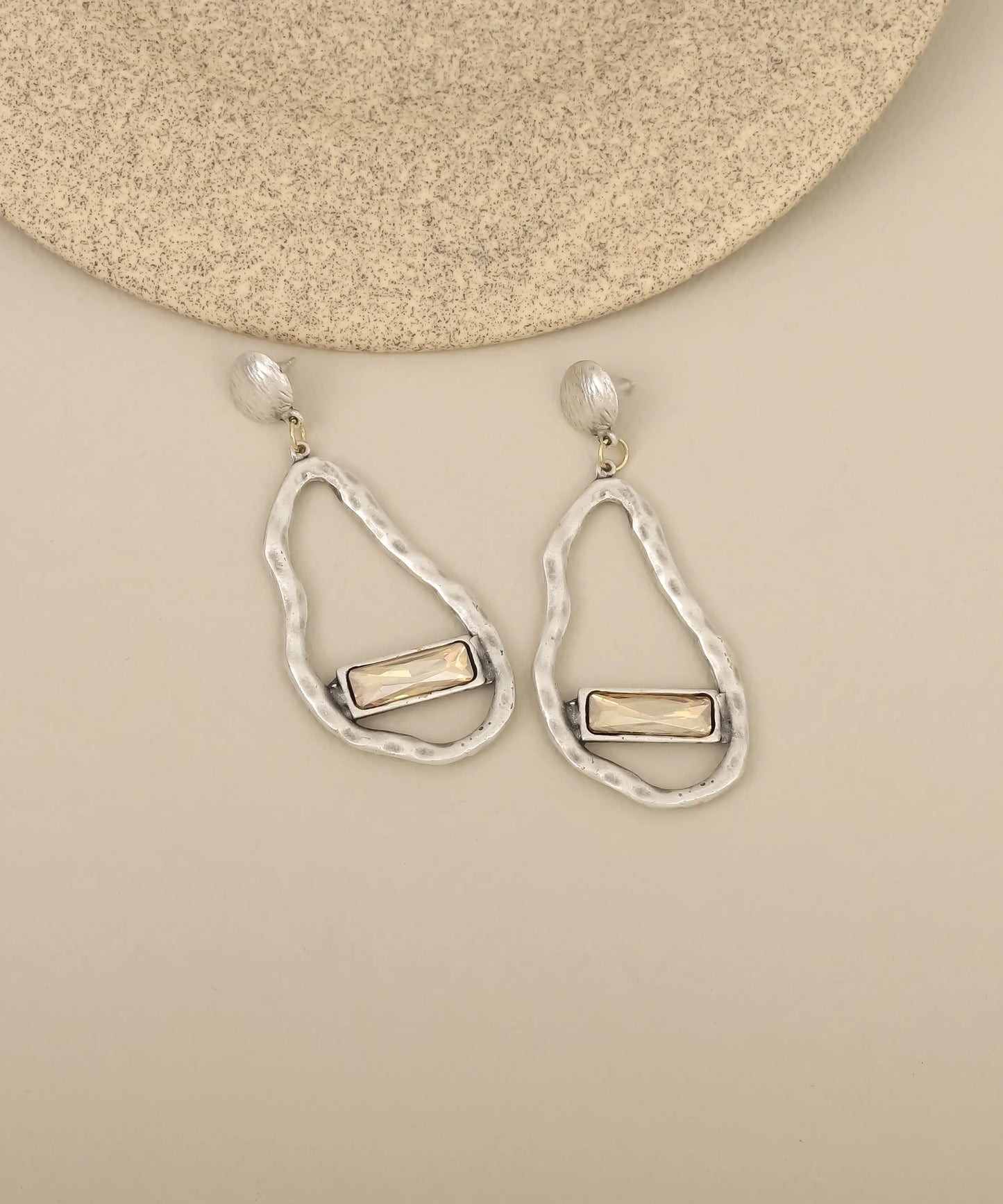 Silver Hammered Organic Drop Earrings with Crystal Bar