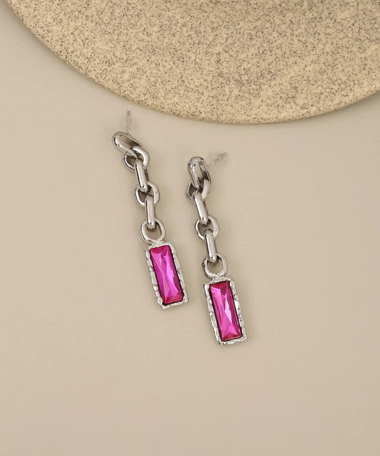 Silver Chain Link Drop Earrings with Pink Crystal
