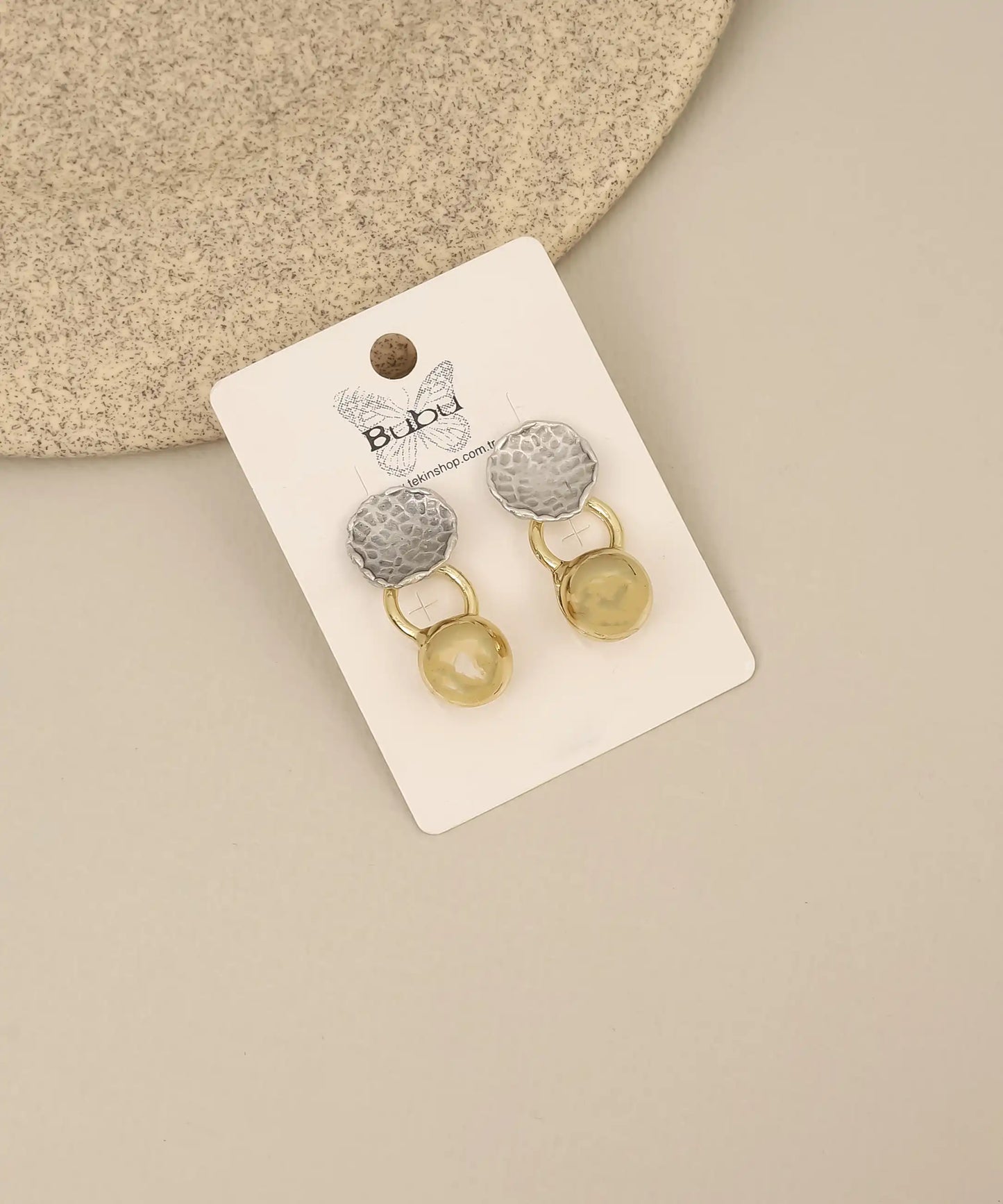 Two Tone Hammered Drop Earrings with Glossy Orb
