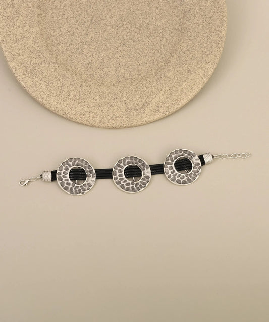 Silver Hammered Circle Leather Bracelet
