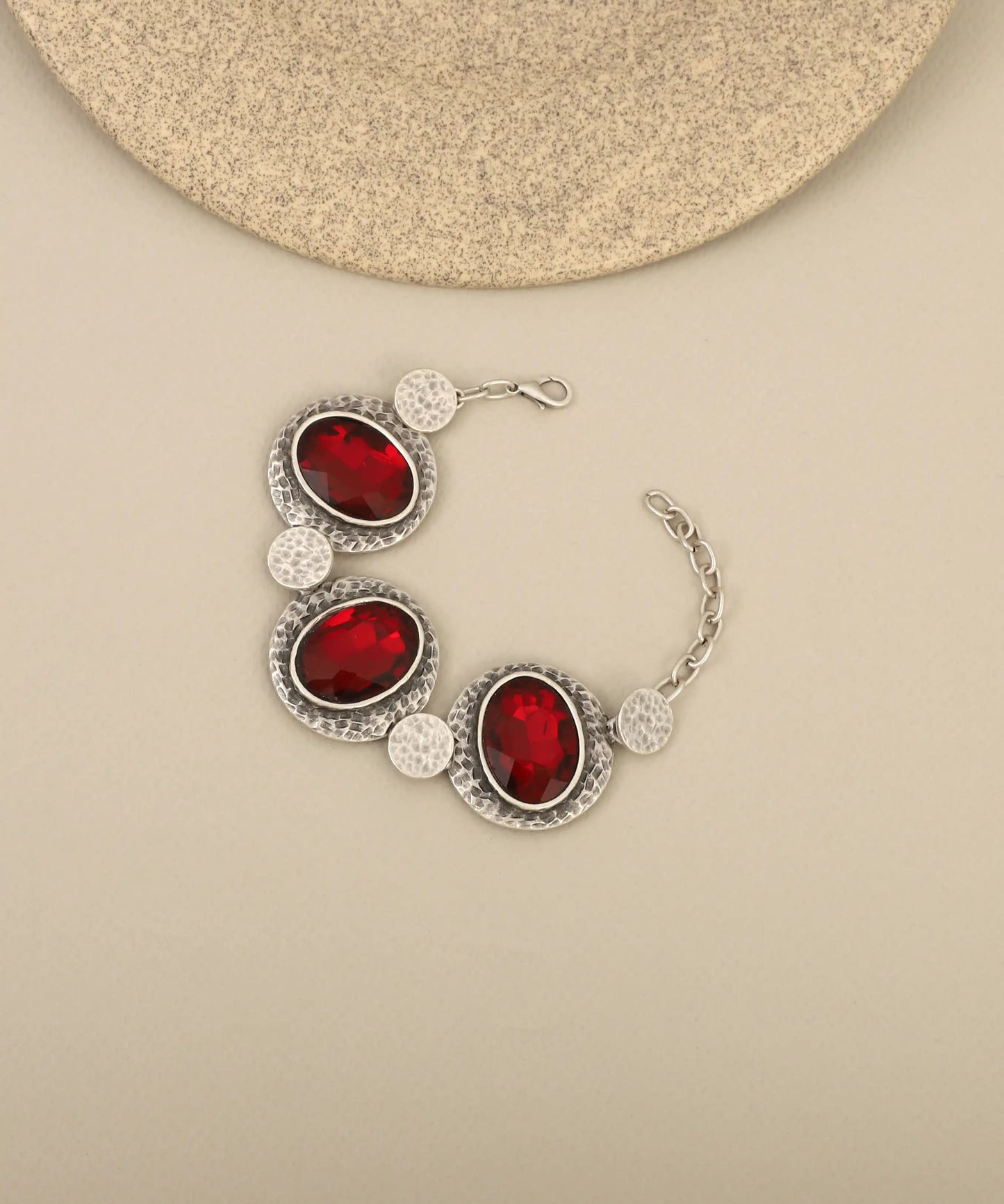 Silver Hammered Oval Red Stone Bracelet