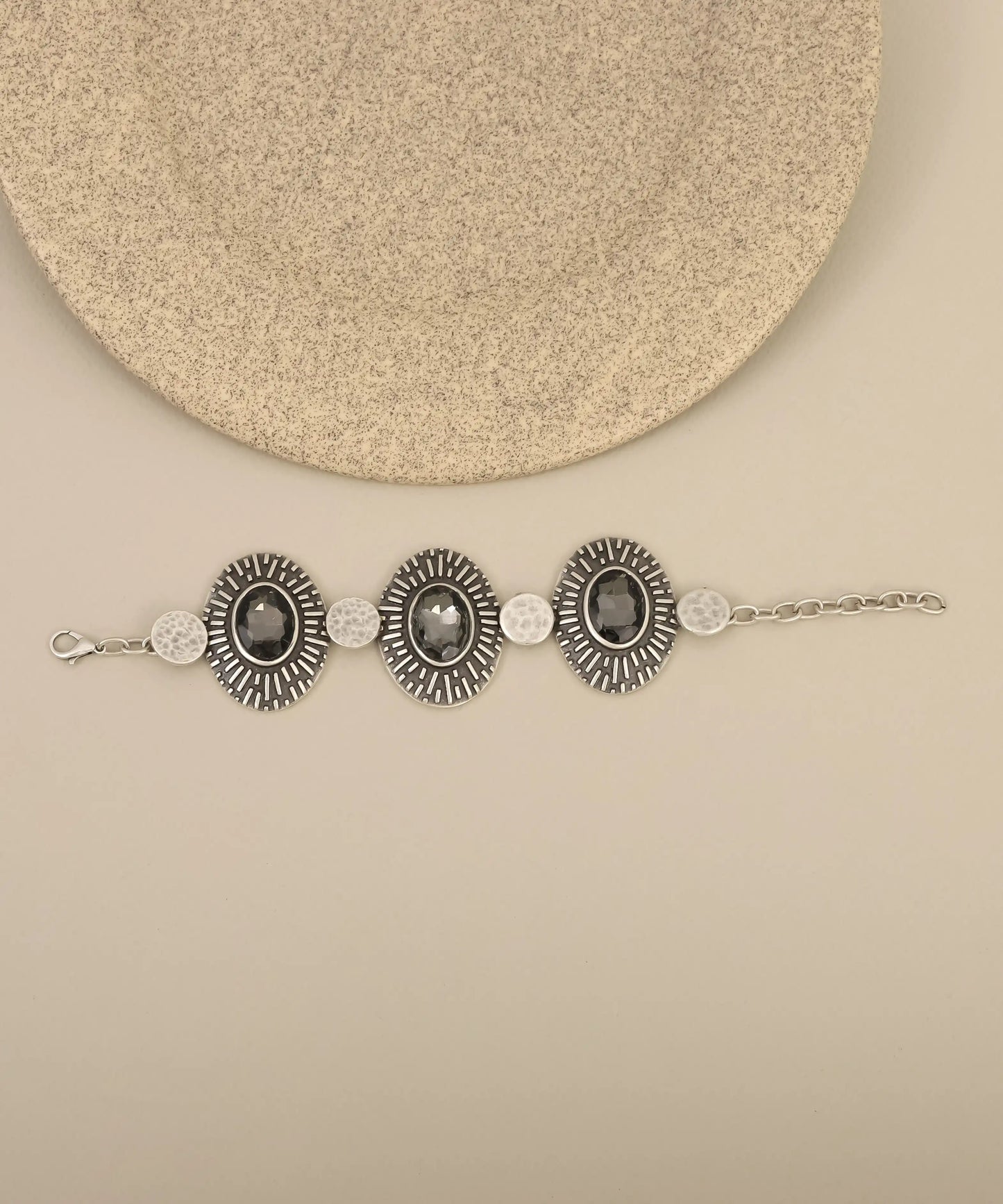 Oxidized Silver Oval Black Stone Statement Bracelet