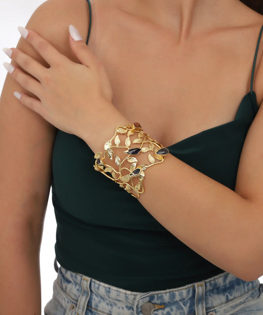 Gold Leaf Vine Statement Cuff Bracelet with Stones