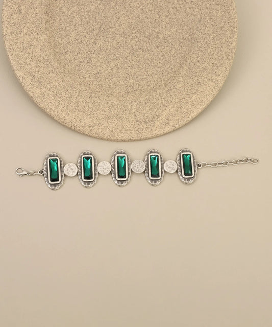 Clear Rectangular Stone Textured Silver Bracelet
