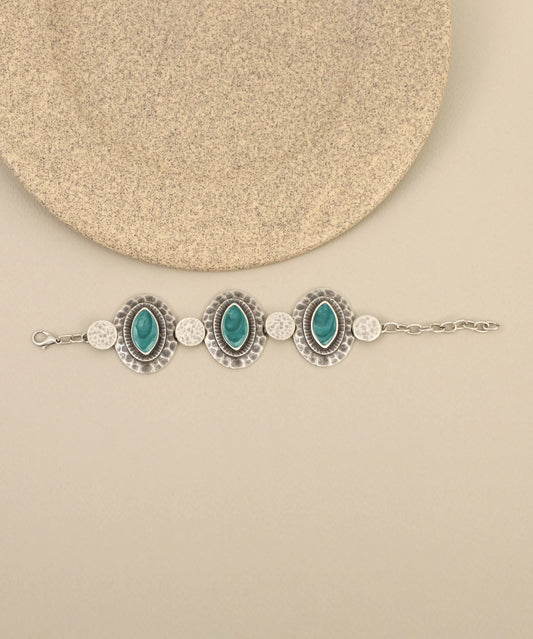 Oval Red Stone Textured Silver Bracelet
