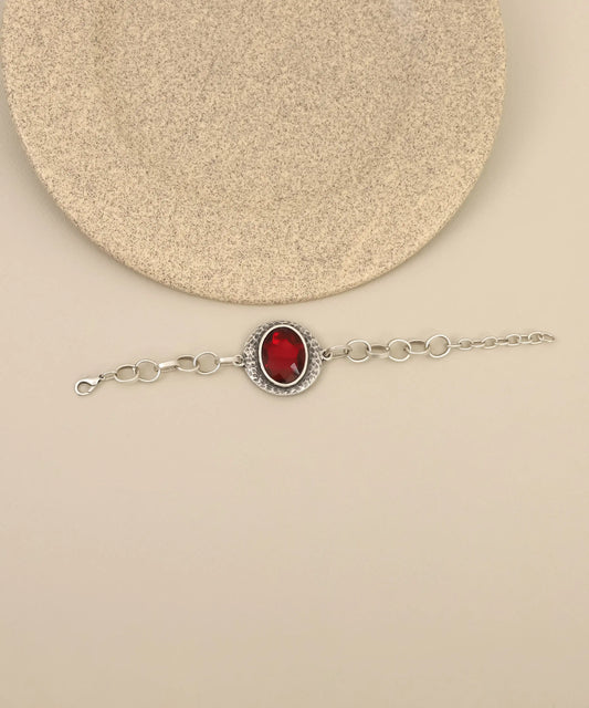 Red Rectangular Stone Pearl Silver Bracelet