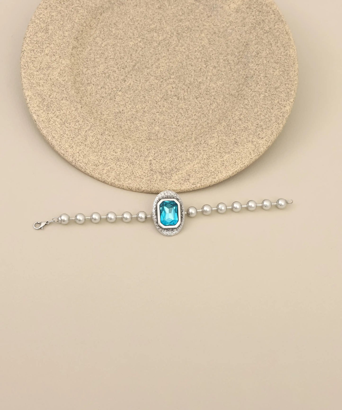Blue Rectangular Stone Pearl Silver Bracelet