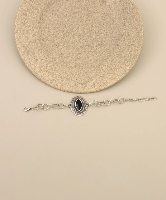 Black Marquise Stone Textured Silver Bracelet