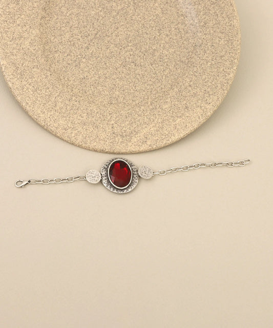 Oval Red Stone Hammered Silver Bracelet