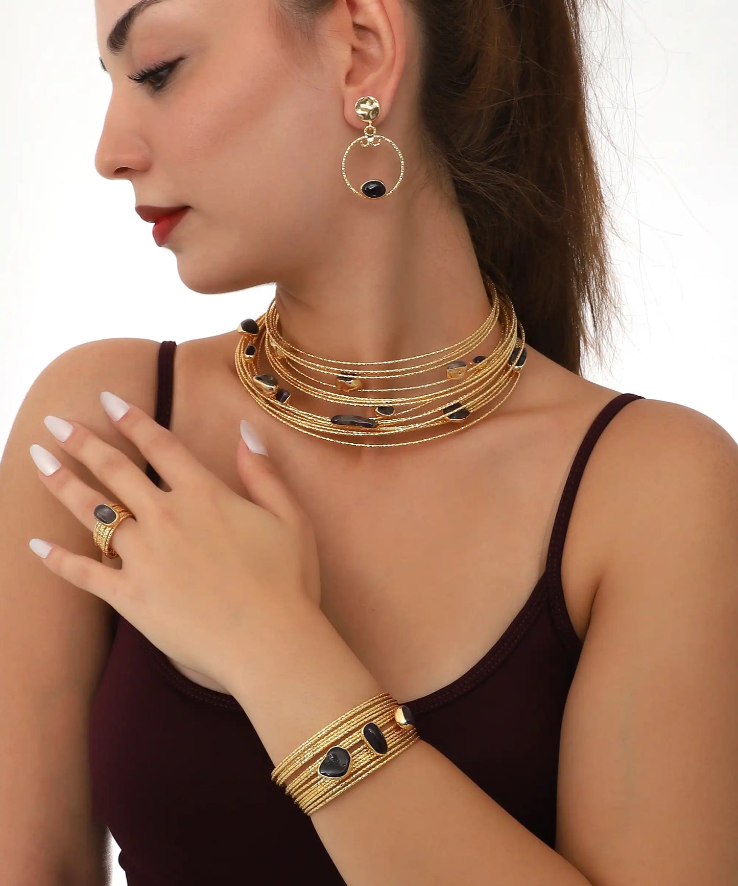 Gold Black Stone Layered Choker Jewelry Set