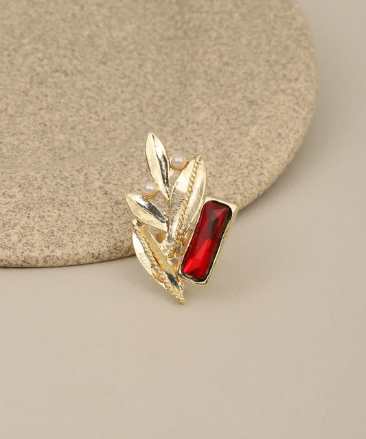 Gold Leaf Red Stone Pearl Statement Ring