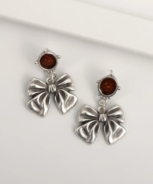 Silver Bow Red Stone Drop Earrings