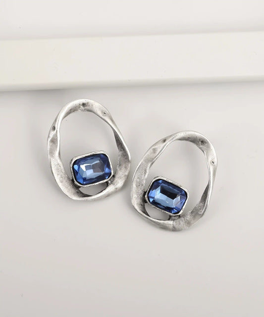 Silver Organic Frame Blue Stone Earrings