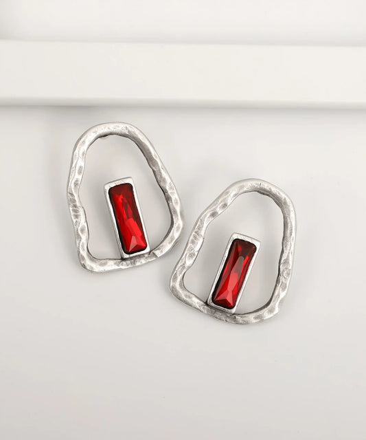Silver Organic Frame Red Stone Earrings