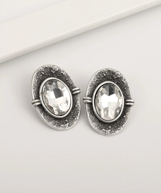 Silver Textured Oval Clear Stone Earrings
